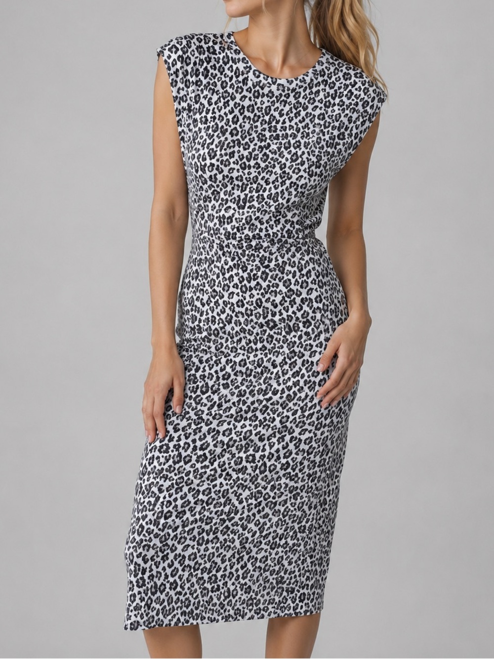 🆕🐆MichaelStars Leopard Print Ribbed Midi Dress WhiteBlack Bodycon Stretch Size S